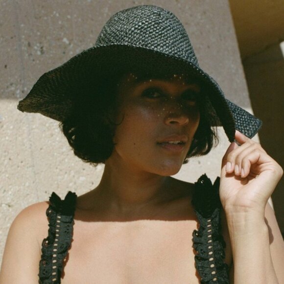 NWT DOEN TAFT BLACK RAFFIA WOVEN HAT S/M